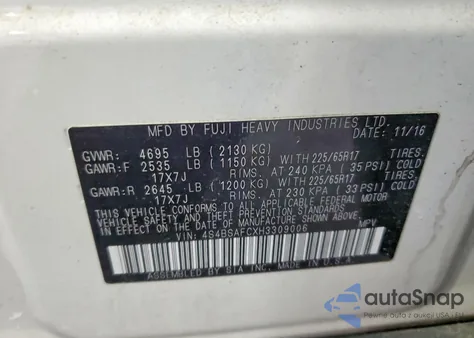 2017 Subaru Outback 2.5I Premium z USA, uszkodzony, nr VIN 4S4BSAFCXH3309006